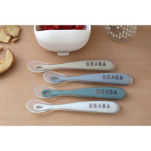 Load image into Gallery viewer, Beaba 1st Stage Silicone Spoons 4 Pack - Pebble/Cloud Blue/Baltic Blue/Clay