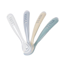 Load image into Gallery viewer, Beaba 1st Stage Silicone Spoons 4 Pack - Pebble/Cloud Blue/Baltic Blue/Clay